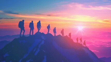 Teamwork success victory concept. Silhouette of the team on top of mountain. Leadership Concept. AI Generative hyper realistic  - obrazy, fototapety, plakaty
