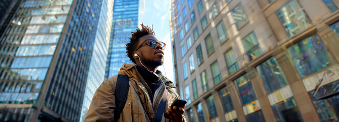 City Slick: Fashionable African American Man Walking with Smartphone and Headphones in Urban Setting