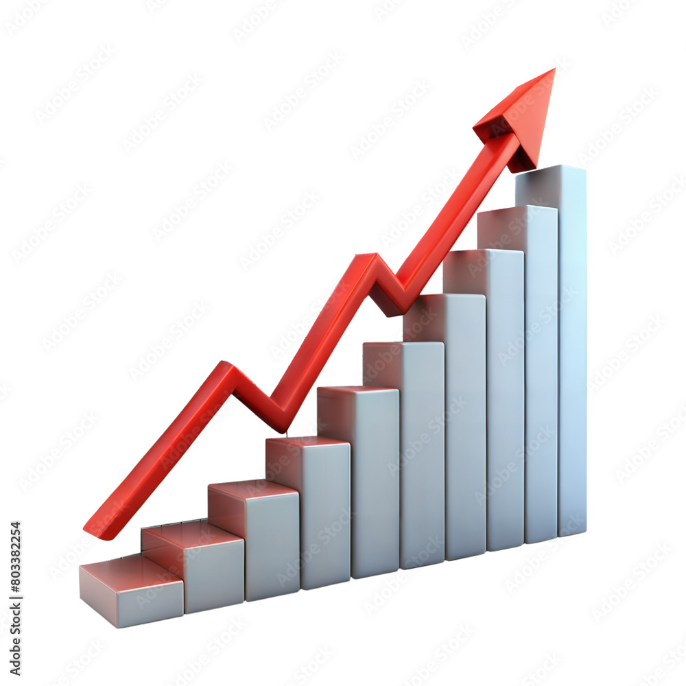Aufkleber ascending 3d bar graph with red arrow indicating growth on transparent background
