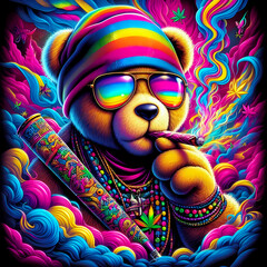 Digital art vibrant colorful psychedelic hiphop teddy bear smoking a blunt