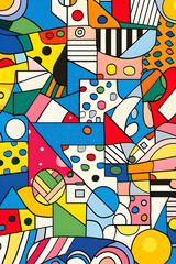 A front cover for a colouring book for toddlers called Shape and Pattern Playground, full of different shapes with various patterns within the shapes