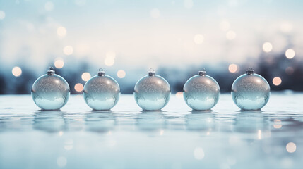 A line of frosty glass Christmas baubles reflecting the winter sunset, creating a serene and festive atmosphere.