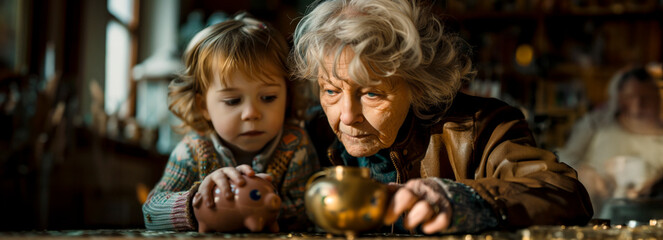 Obraz premium Passing Down Prosperity: Instilling Financial Savvy in Children Through Grandma's Piggy Bank