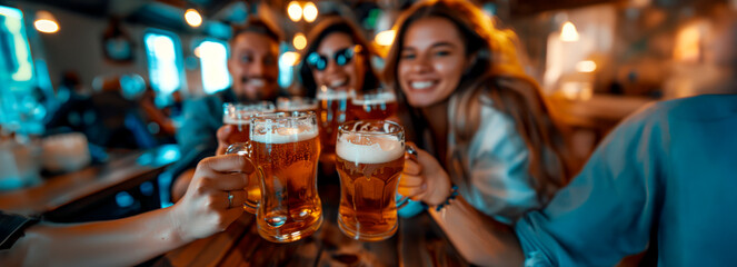 Cheers to Youth: Friends Enjoying Happy Hour at Brewery Pub with Beer and Laughter Embracing Vibrant Culture and Lifestyle