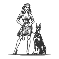 retro pin-up girl with dog Doberman, evoking a sense of vintage companionship sketch engraving generative ai fictional character vector illustration. Scratch board imitation. Black and white image.