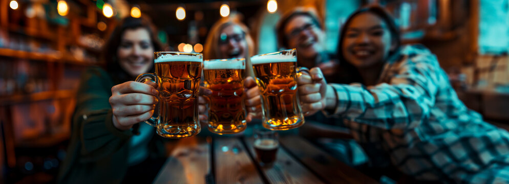 Cheers and Beers: Young Friends Enjoying Happy Hour at Brewery Pub Table