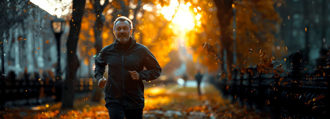 Joyful middle-aged man frolics through bright city park Ample space for custom text