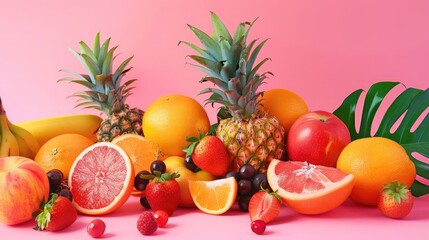 Different fruits composition on pink background