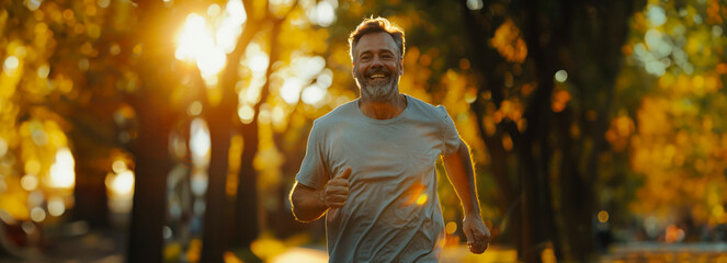 Joyful Middle-aged Man Embracing the Sun while Running in Urban Park Perfect space for text overlay