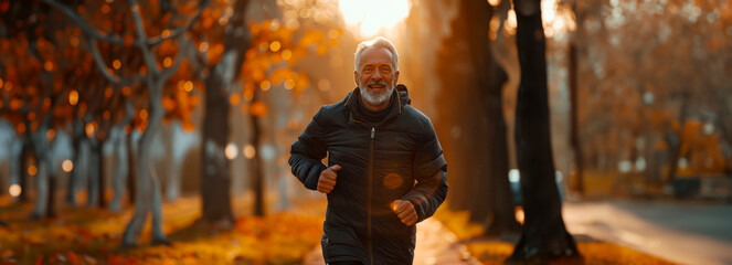 Joyful middle-aged man frolics through sunny city park Ample space for text