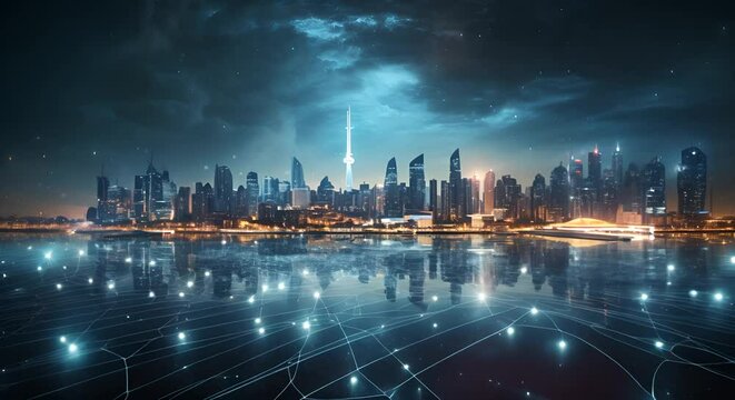 Future smart city illustration at night, application and network development concept, smart life, information technology, gradient grid lines, connection technology concept