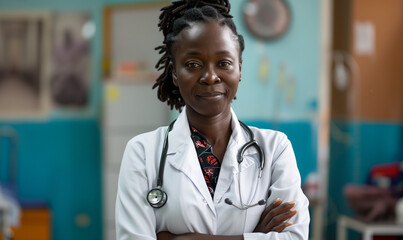 An African doctor in a medical clinic, exuding professionalism and care for patients.