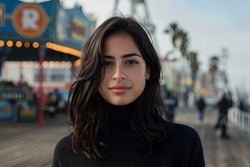 Fototapeta premium Young Hispanic woman on the boardwalk