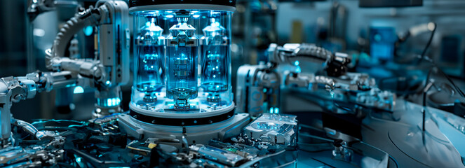 Futuristic AI Machines: Cyber Blue Trilogy - Translucent Glass Front View in Cinematic Studio Lighting