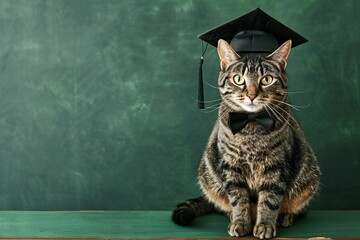 Cute cat wearing graduation hat on green chalkboard background