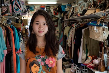 Fototapeta premium Portrait of a young Asian woman in a thrift shop
