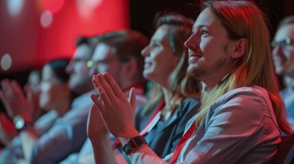 Happy colleagues applauding while sitting in conference event at convention center business people sit together in convention hall listen seminar success clapping happiness,ai generate