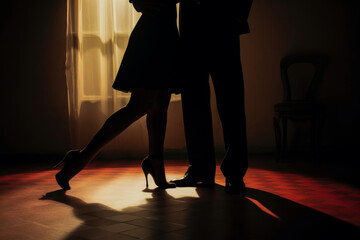A man and woman dancing tango in a dimly lit room, only their legs visible.