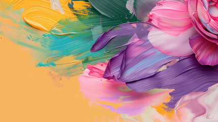 Abstract Floral Artistry: Layered Pink and Purple Petals Over Vibrant Orange and Green Paint Strokes