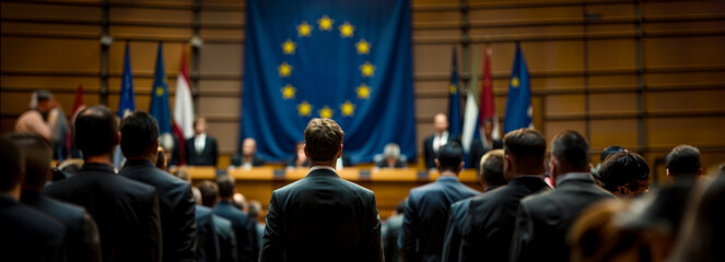 Obscured Figures in European Parliament Pose in Front of EU Flag