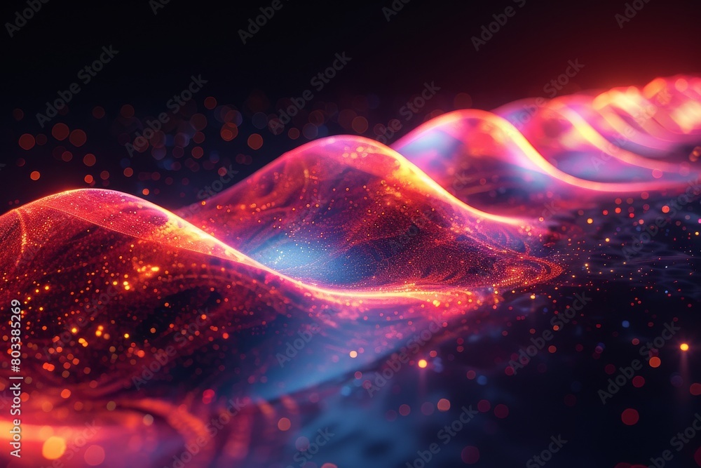 Poster this image depicts undulating waves of red and orange lights with a sprinkling of glowing particles 