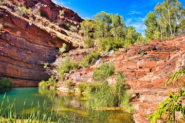 The green pool, flanked by red, iron-rich rocks, at the foot of the Fortescue falls in the Dales Gorge, Karijini National Park, Western Australia. 
