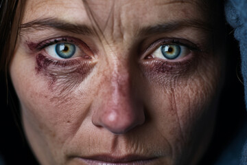 Fototapeta premium A close-up of a woman with a bruised eye looking directly into the camera.