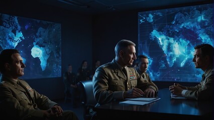 A group of men in military uniforms are sitting around a table in a dark room. There are maps projected on the walls.