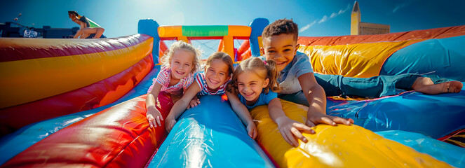 Happy kids jumping on bouncy castle in the summer sunshine: A fun-filled day of joy and laughter!