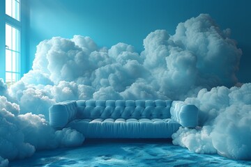 A vibrantly colored blue living room with dense cloud formations replicating an indoor sky