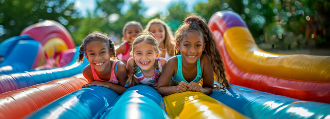 Happy kids playing on bounce house in the warm summer glow
