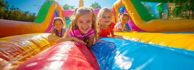 Happy kids enjoying the inflatable bouncy castle in the summer sunshine