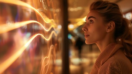 Woman looking at blank LED display in futuristic shopping center. Concept Futuristic Shopping Center, LED Display, Technology, Shopping Experience, Innovation