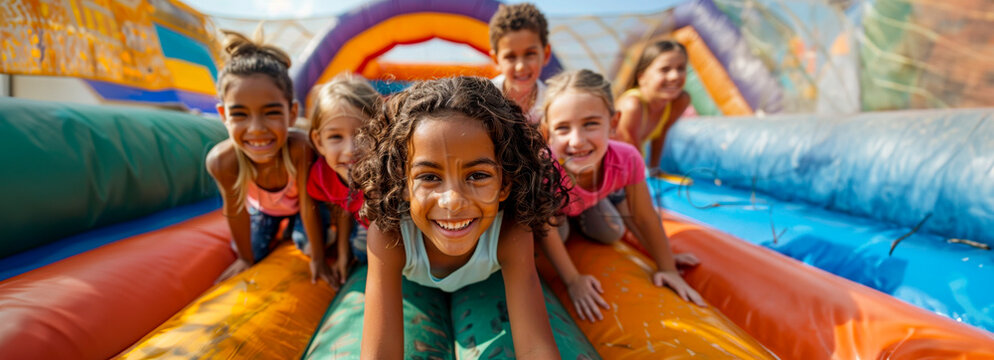 Happy kids having a blast in the bounce house on a sunny summer day