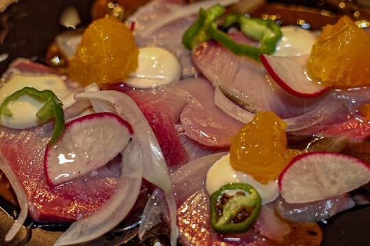 Hamachi Crudo: Miso Glaze, Aioli, Citrus & Shiso