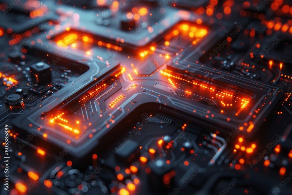 Poster detailed close-up of a glowing circuit board with red futuristic lights representing modern technolo