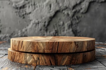 Fototapeta premium An empty rustic wooden cake stand or pedestal on a textured stone background, ideal for product display
