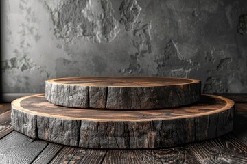 Fototapeta premium Two round rustic wooden podiums displayed against a textured dark gray backdrop ideal for product placement
