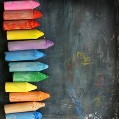 Assorted colorful chalks neatly arranged on the left side of a blank blackboard background
