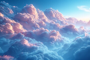 Fototapeta premium Surreal sky filled with fluffy clouds bathed in pastel pink and blue hues, reminiscent of cotton candy, evoking a dreamlike fantasy