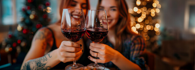 Love in the Air: LGBTQ+ Couple Toasts with Red Wine on Romantic Valentine's Day Date at Intimate Restaurant