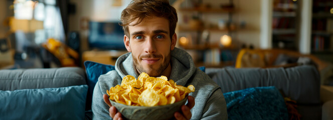 Couch Potato Vibes: Teen indulging in potato chips during a chill movie night at home