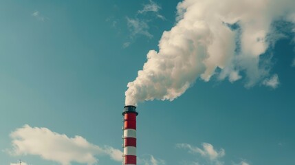 Industrial smokestack emitting pollution into blue sky