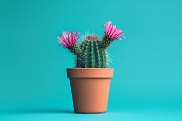 A panoramic view of a small, potted cactus with vibrant pink flowers blooming, set against a solid, turquoise blue background.