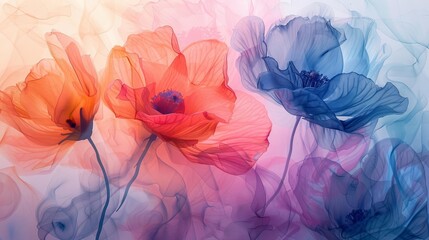 A visually striking closeup of modern abstract floral artwork, utilizing watercolor paints and transparency effects, ideal for sophisticated wall art
