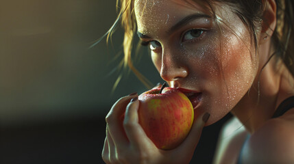 Closeup of a woman who wants to bite into a red crispy apple
