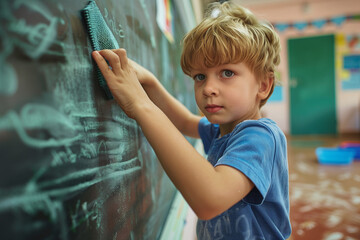 School boy child cleaning the green chalkboard. High quality photo