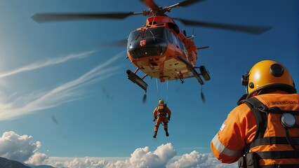 A rescue helicopter is hovering in mid-air with a rescuer being lowered on a cable to a person in the water.