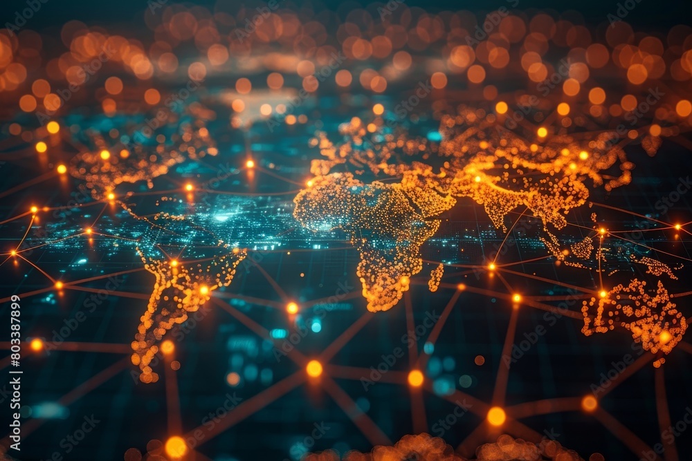 Poster a high-resolution image showcasing a network of glowing connections forming a world map, symbolizing