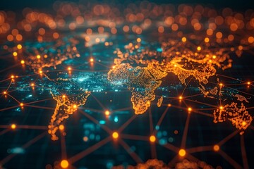 A high-resolution image showcasing a network of glowing connections forming a world map, symbolizing global communication and data exchange